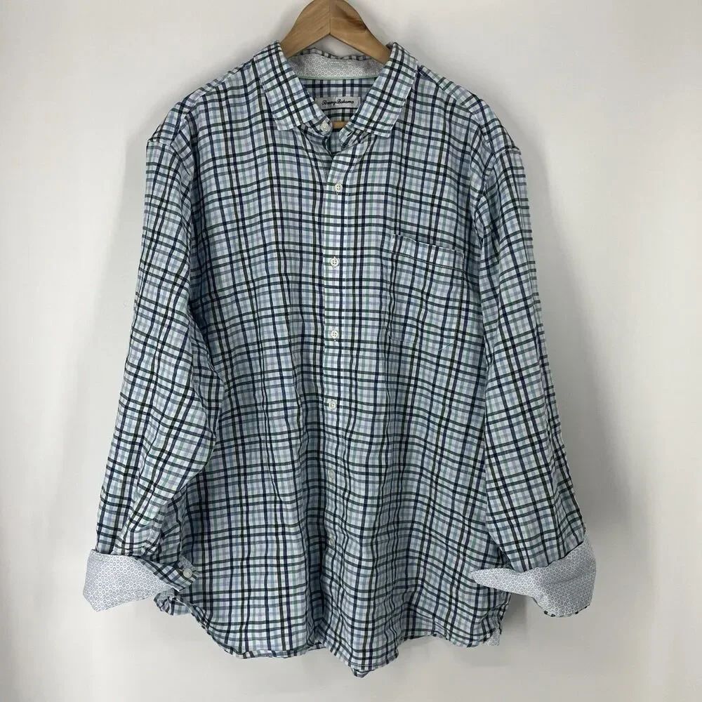 Tommy Bahama Shirt Size XXL Mens Green Navy Mahalo Check Stretch Linen Flip Cuff